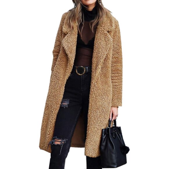 Women's Fuzzy Fleece Lapel Open Front Long Cardigan Coat Faux Fur Warm Winter Ou - Picture 6 of 7